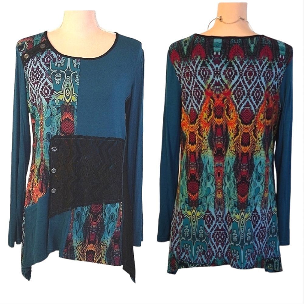 VTG Turquoise Multimedia Patchwork Long Sleeve Fa… - image 2